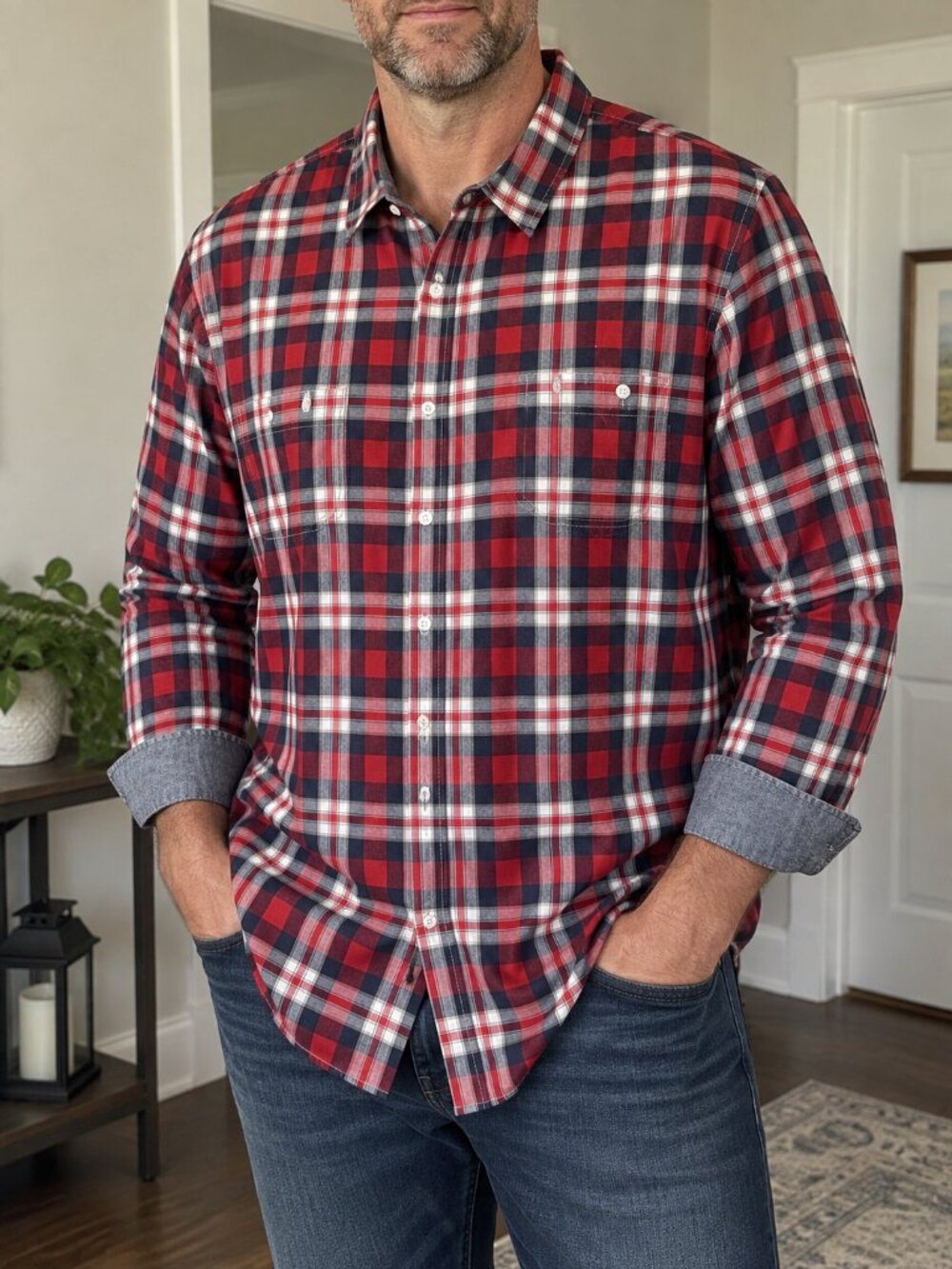 American Rag Men's 3XL Red Navy Plaid Button Down Shirt